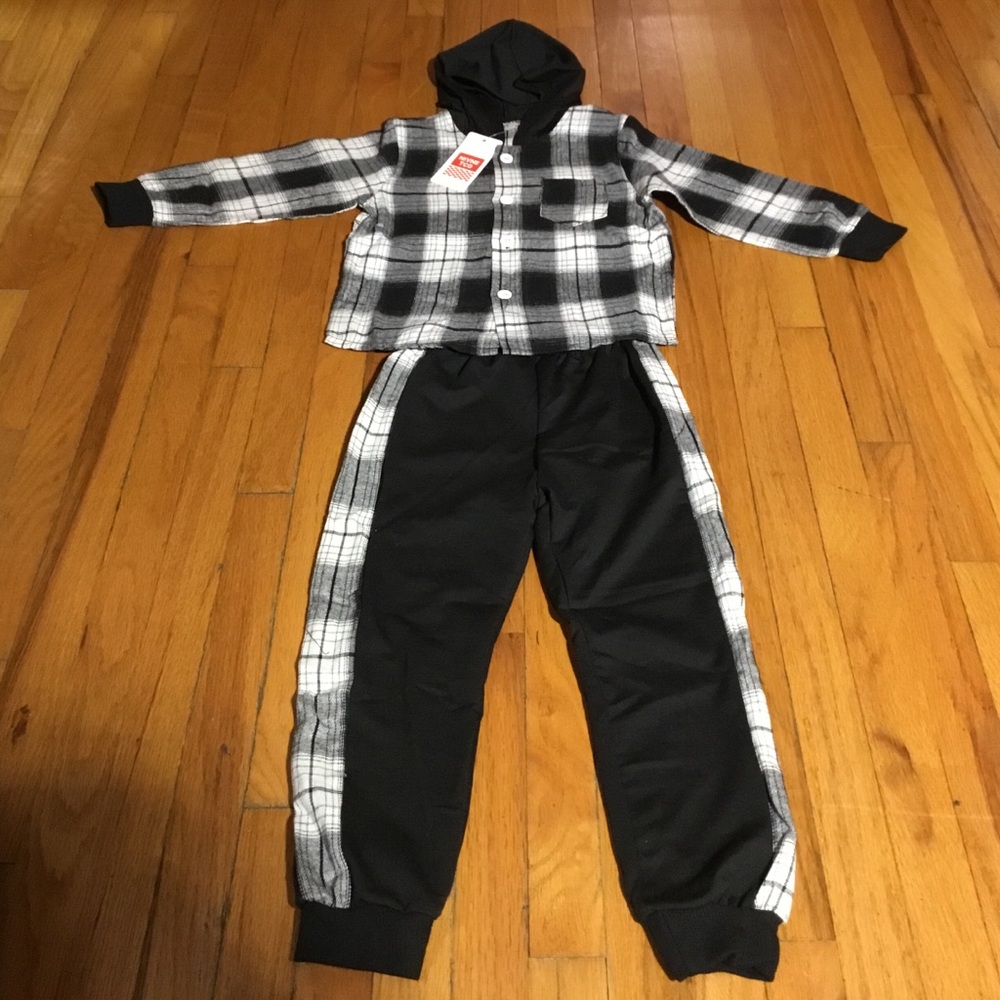 Black & White Plaid Sweat Pants & Hoodie Set Boys 5 Years